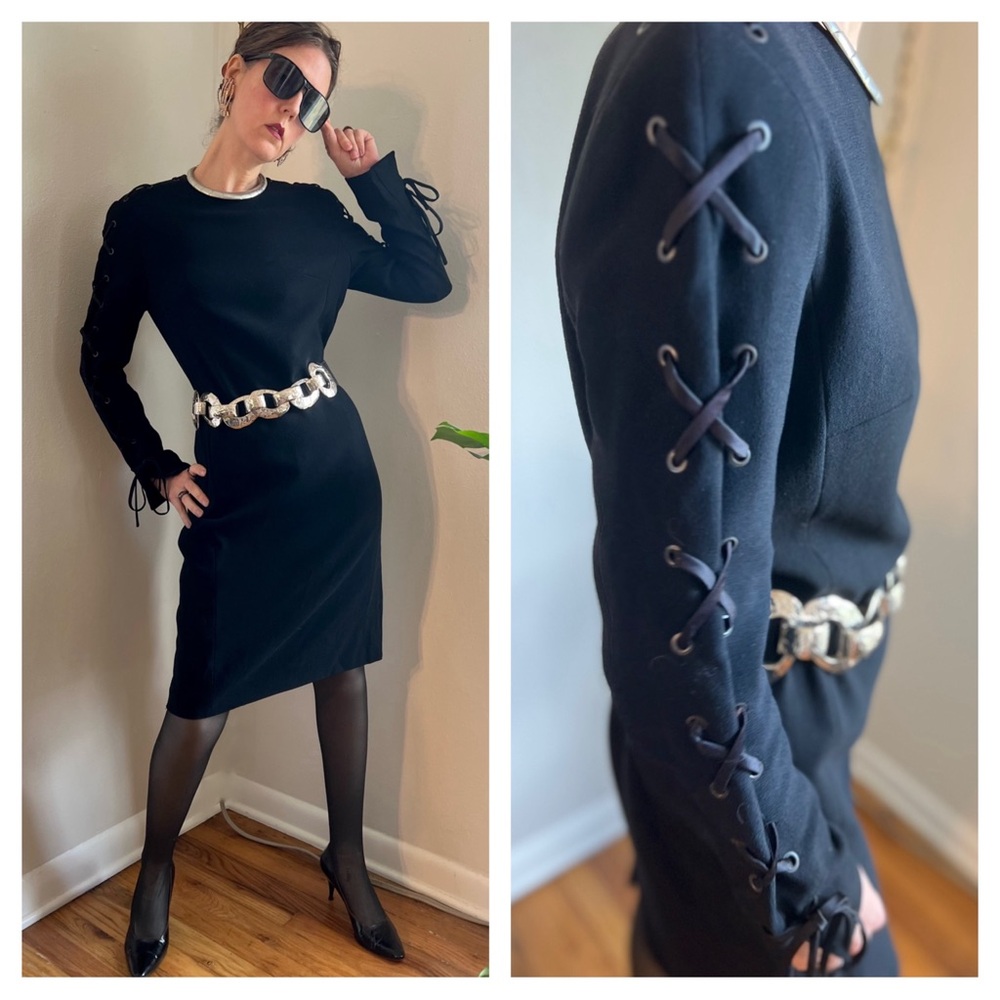 Louis Feraud Vintage 90s Long Sleeve Black Dress w/ Lace-Up Sleeves